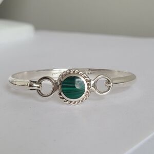 Vintage Sterling Silver Taxco Green Malachite Boho Western Thin Bangle Bracelet